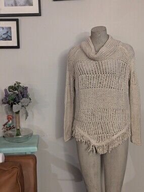 Esprit 90s Women’s Ivory Open-Knit Cowl Neck  Fringe Sweater Size Small Fits M